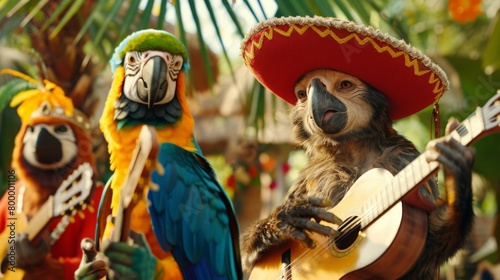 a group of animals enjoying a Cinco de Mayo party, with a mariachi band made up of parrots and monkeys photo