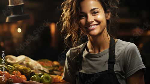 Smiling Female Chef in Market with Fresh Produce. Generative ai.