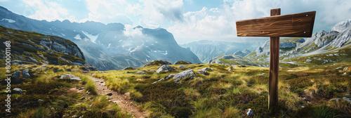 Stunning panoramic mountain landscape featuring an empty wooden signpost and a winding trail.