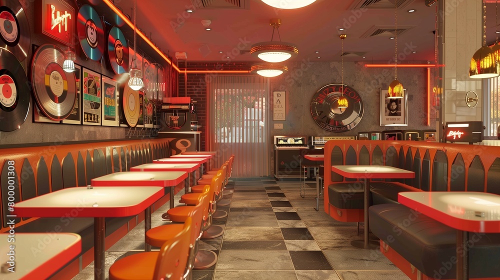 Retro vinyl record-themed bistro with vinyl record menu boards, vintage diner stools, and live music performances.
