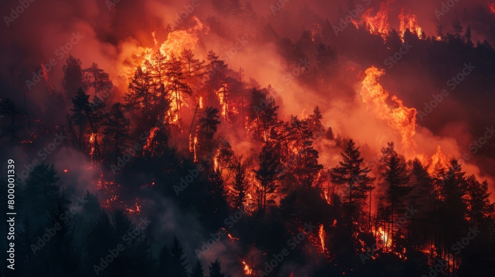 Night fire in the forest with fire and smoke.Epic aerial photo of a smoking wild flame.A blazing,glowing fire at night.Forest fires.Dry grass is burning. climate change,ecology.Line fire in the dark