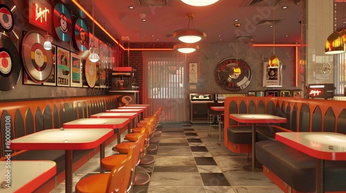 Retro vinyl record-themed bistro with vinyl record menu boards  vintage diner stools  and live music performances.