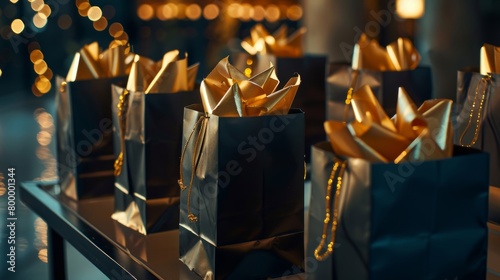 Black glossy gift bags with golden tissue paper and bokeh lights, suggesting upscale shopping or luxury gifts. photo