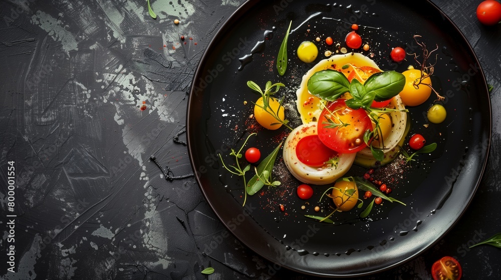Artistic gourmet salad with heirloom tomatoes and delicate herbs on a dark plate, styled with vibrant garnishes. Artistic gourmet salad with heirloom tomatoes and delicate herbs on a dark plate, styled with vibrant garnishes.