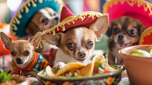 a group of chihuahuas enjoying a tiny Cinco de Mayo fiesta, complete with miniature sombreros and tacos photo
