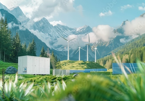 Powering fresh nature: Renewable energy solutions like photovoltaic and wind turbines enable hydrogen energy storage through power-to-gas concept, promoting ecological sustainability photo