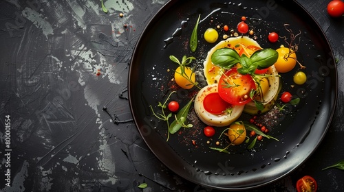Artistic gourmet salad with heirloom tomatoes and delicate herbs on a dark plate, styled with vibrant garnishes.
