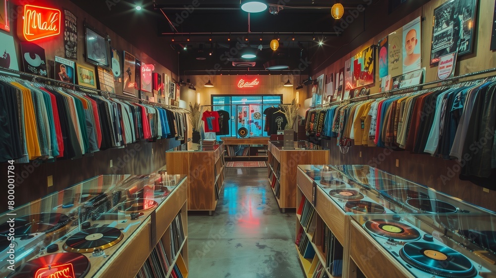 Retro vinyl record-themed boutique clothing store with record racks, vintage dressing rooms, and neon signage.