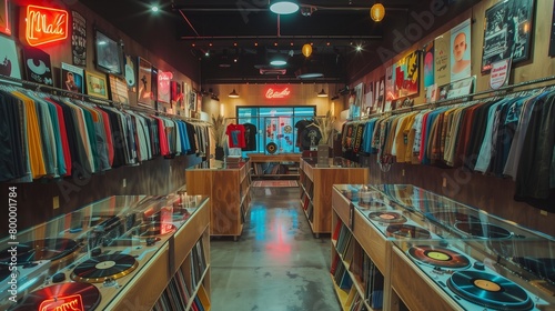 Retro vinyl record-themed boutique clothing store with record racks, vintage dressing rooms, and neon signage.