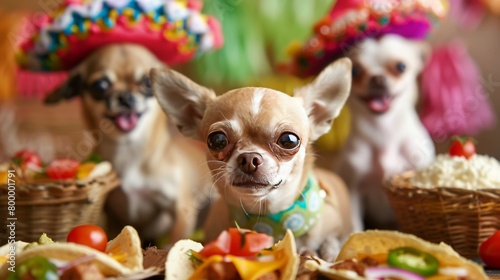 a group of chihuahuas enjoying a tiny Cinco de Mayo fiesta  complete with miniature sombreros and tacos