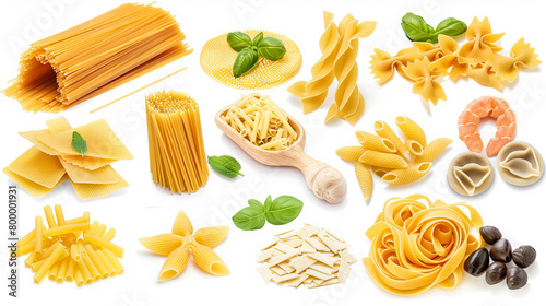 Various types of pasta neatly laid out on a white background