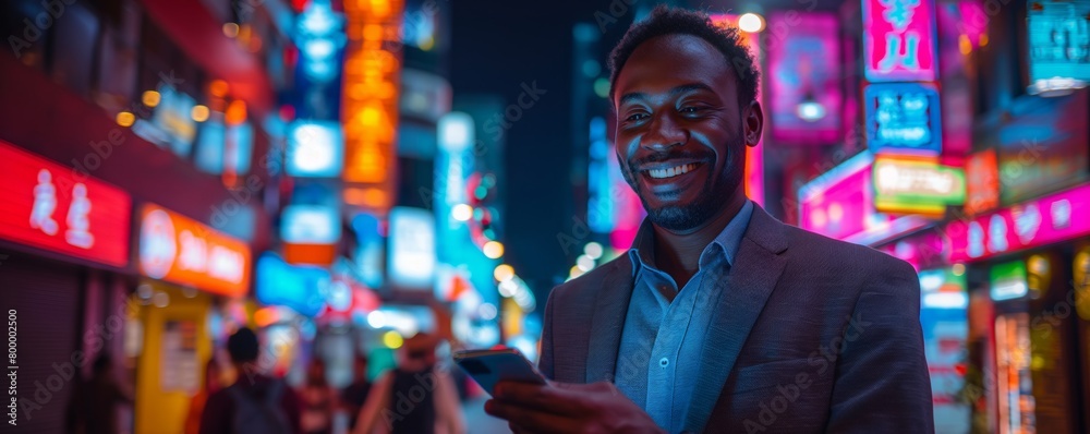 Happy man with phone on neon-lit street