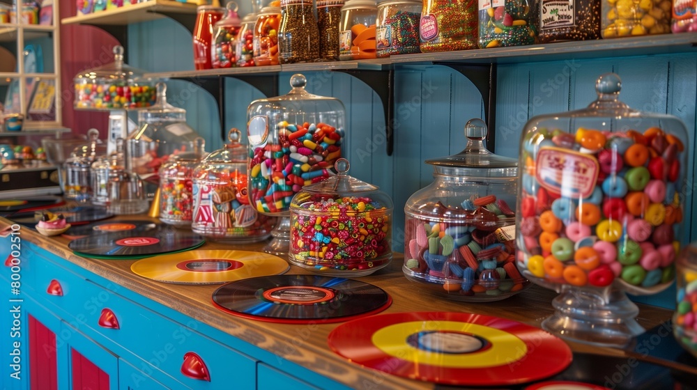 Retro vinyl record-themed candy shop with vinyl record candy displays, vintage candy jars, and old-fashioned treats.