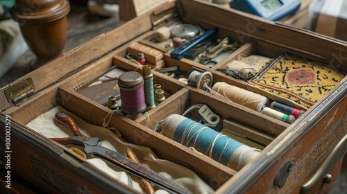 A vintage sewing box filled with tools and treasures. --ar 16:9 --style raw Job ID: 7ec8d8b8-882b-4cd1-9104-5e0da896af36 photo
