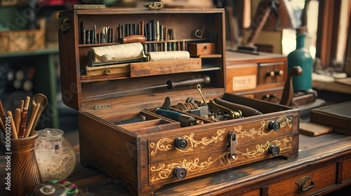 A vintage sewing box filled with tools and treasures. --ar 16:9 --style raw Job ID: 61a7f333-17c0-463c-8055-be3663680614 photo