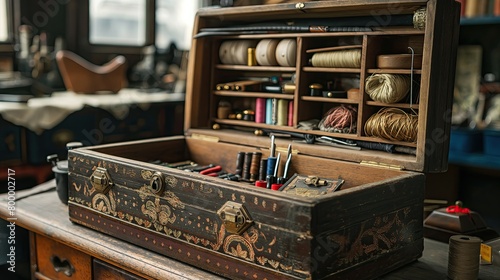 A vintage sewing box filled with tools and treasures. --ar 16:9 --style raw Job ID: 331b8215-4787-4a13-878b-5ca395a4e1b8 photo