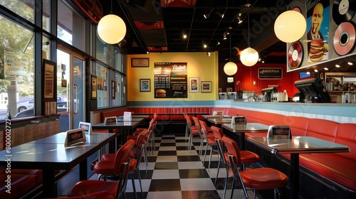 Retro vinyl record-themed burger joint with vinyl record burger patties, retro diner booths, and classic rock tunes. photo