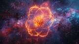 An atom with orbiting electrons, surrounded by colorful energy fields