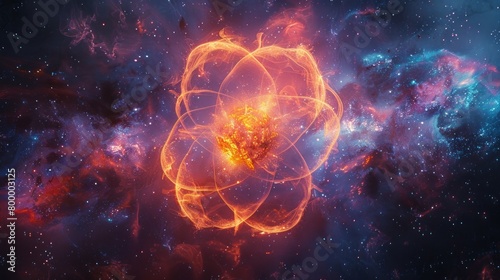 An atom with orbiting electrons, surrounded by colorful energy fields