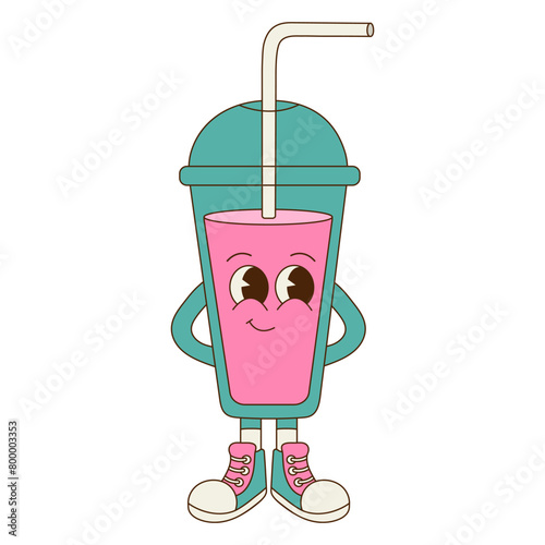 Groovy cute soda cartoon character. Retro sticker in 70s 80s style