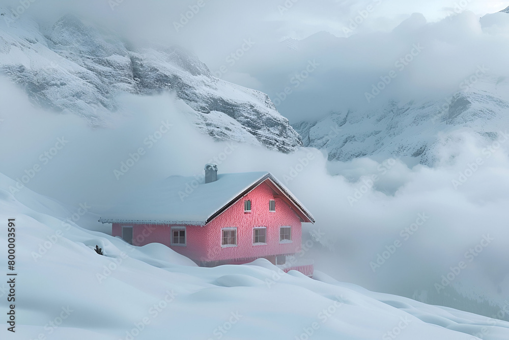 photograph of cabin made out pink fur in the middle of alps surrounded by clouds, architecture photography, atmospheric lighting, snow covered mountains, fluffy cloud cover