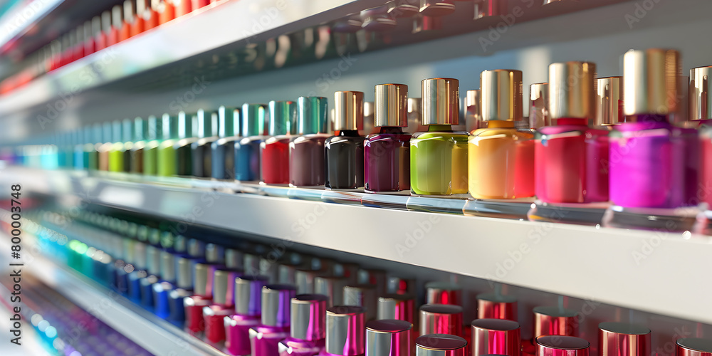  Multi colored nail polishes on a manicurists , nail polishes adorning shelves in a bustling cosmetic store, offering a kaleidoscope of colors and options for beauty enthusiasts.
 