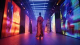 A futuristic fashion exhibition featuring mannequins dressed in LED-embedded gowns, illuminated under vibrant ceiling lights.