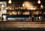 Empty wooden bar counter with blurred background, showcasing restaurant/bar/cafe ambiance. 