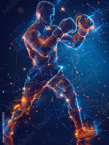 Boxing player in action made of polygon Al neon network on dark blue background