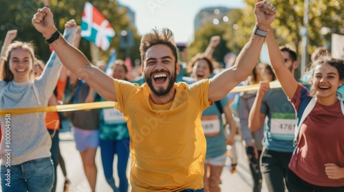 A runner triumphantly breaking through the finish line tape