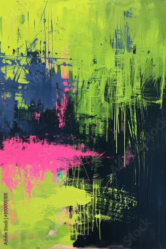 Abstract landscape in acid green  neon pink  and electric blue