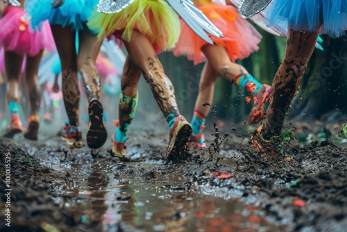 Close-up: Mud-splattered legs of runners in neon tutus and fairy wings
