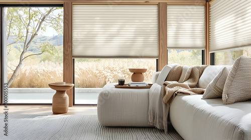 Modern interior window with energy-efficient cellular shades, featuring honeycomb design for superior thermal insulation and light control in a stylish home setting photo