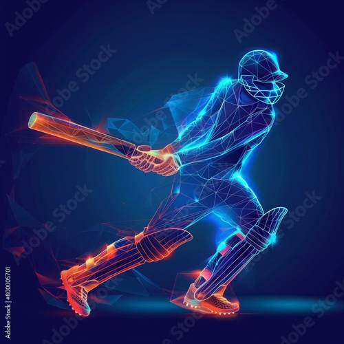 Cricket player in action made of polygon Al neon network on dark blue background