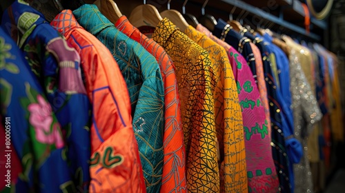 A close-up of colorful ethnic clothing with intricate patterns hanging side by side.. © Natpasit