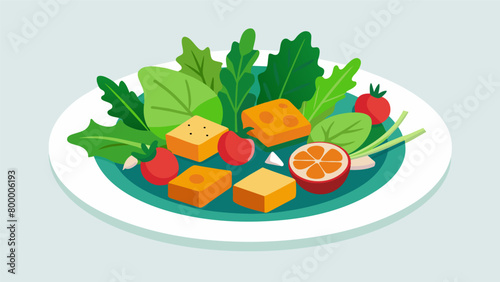 A plate of fresh greens roasted vegetables and seasoned tofu sits on the counter ready to be assembled into a delicious and wholesome salad..