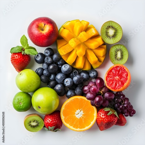 Fresh bright fruits and berries on a white background AI generated 