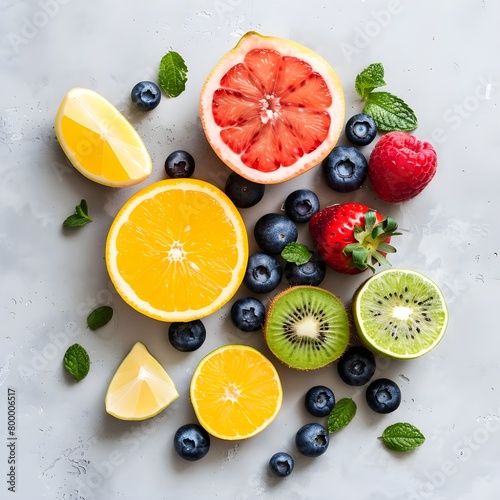 Multicolored seasonal healthy natural fruit composition with persimmon, blueberries, orange, kiwi, strawberries, grapefruit, pomegranate, orange slices. 
