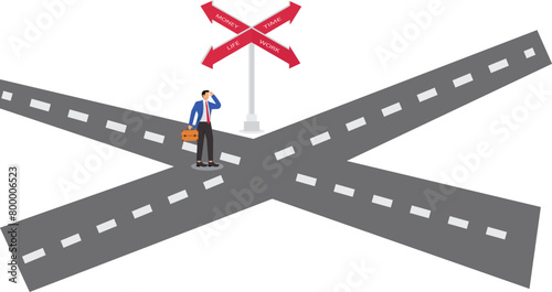 Choice and decision, businessman standing on crossroad street sign