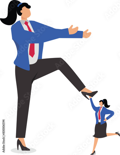 Small businesswoman stepped on foot by big businessman