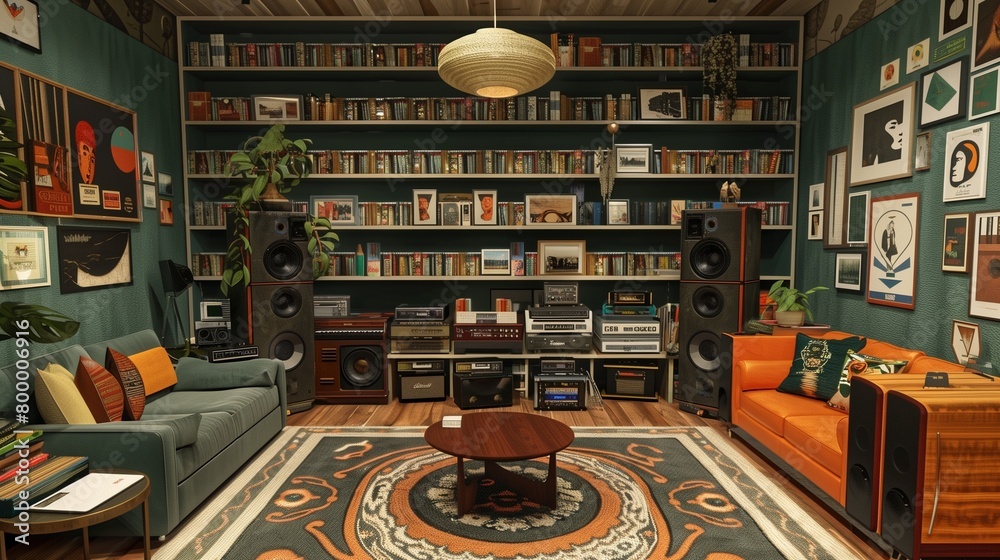 Retro vinyl record store-inspired living room with wall-to-wall records, listening area, and vintage decor.