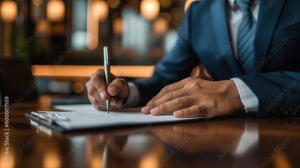 A focused businessman reviews and signs important documents at his desk with laptop and smartphone in an office setting.. A focused businessman reviews and signs important documents at his desk with laptop and smartphone in an office setting..