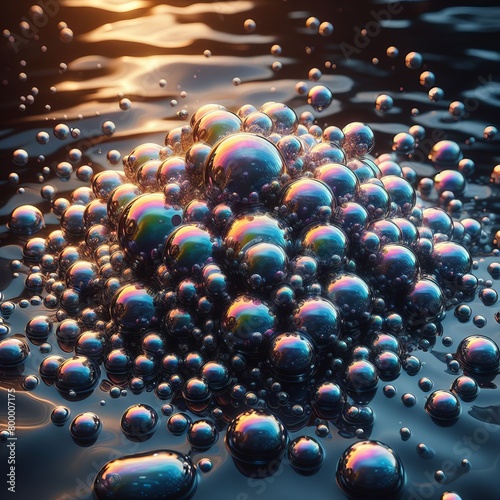 A cluster of iridescent bubbles floating on the surface of a pon
