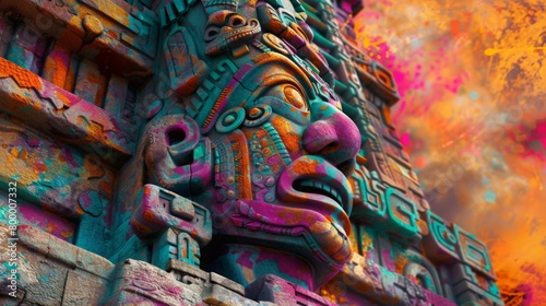 a Mayan temple coming to life on Cinco de Mayo, with vibrant colors and patterns emerging from the ancient stones © khoobi's ART