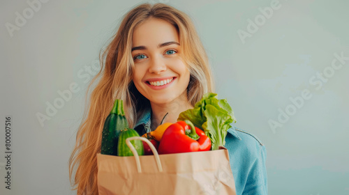 Portrait of a young woman - a happy blonde with long wavy hair and a snow-white smile holding a paper bag of vegetables and groceries on a light background.