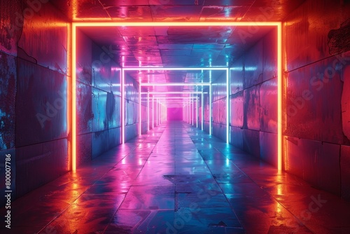 Abstract neon light geometric background. Glowing neon lines. Empty futuristic stage laser. Colorful rectangular laser lines. Square tunnel. Night club empty room. Laser show, Generative AI