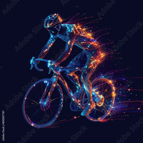 Cyclist in action made of polygon Al neon network on dark blue background  bicycle riding