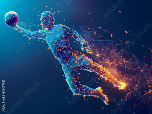 Football player goalkeeper in action made of polygon Al neon network on dark blue background photo
