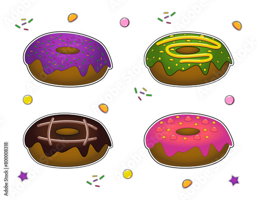 Vector drawing of sweet, stickers of donuts with glazed side