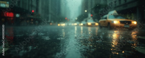 Rain-soaked street with taxi cabs in motion © gearstd